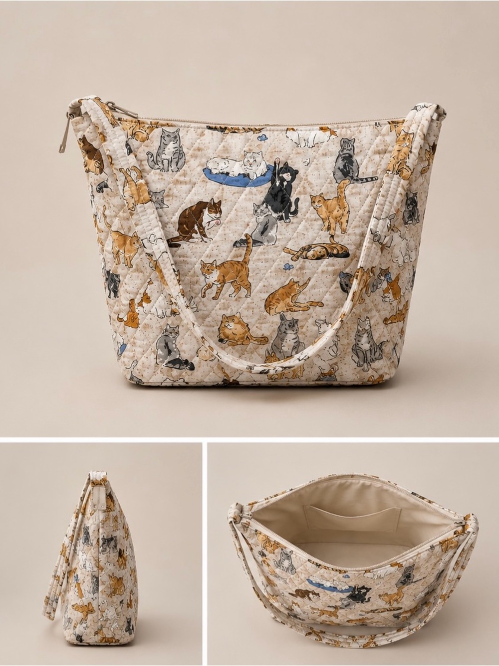Vera Bradley Cream Quilted Cat Print Shoulder Bag